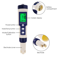 Testeur de qualité de l'eau Pentype multi-paramètres 5-en-1 (pH / TDS / EC/Temp/Salinité) pH-mètre numérique pour laboratoire domestique (OEM)