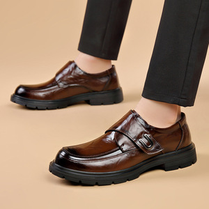 Chaussures habillées en cuir pour hommes, bout rond, fermeture auto-agrippante, semelle extérieure en caoutchouc amortie, Oxford formelles pour mariage printanier - Product Image 4