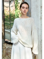 Pull en cachemire pur à 100 % pour femme, col rond, style vintage, coupe oversize, manches lanternes ajourées, tricot duveteux, poignets et ourlet côtelés, doux et chaud