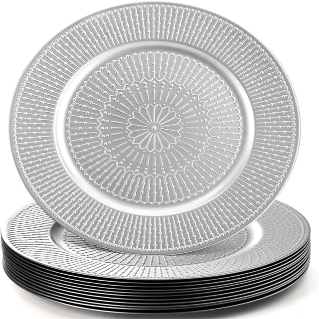 Silver Charger Plates 13inch Beaded Chargers Plates Plastic Charger Platters for Wedding Banquets Decor