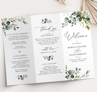 Tarjeta de programa de boda de tres pliegues florales personalizada, tarjeta plegada con línea de tiempo, invitación de boda, impresión colorida