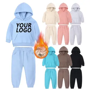 Morandi Color Kids Winter Clothing Girls Fleece Jogger Sweatpants Boys Hooded Tracksuit Casual Two Piece Set