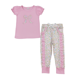 Conjunto de Ropa para Niñas Tds, Estampado Floral Rosa, Volantes, Lazo Bordado, Casual, Primavera Otoño, Pantalones, Manga Corta, Algodón Transpirable - Product Image 1