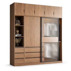 Armoire à portes coulissantes en bois naturel fini, style nordique, pour chambre à coucher, petit appartement, combinaison de placards coulissants en verre - Product Image 1