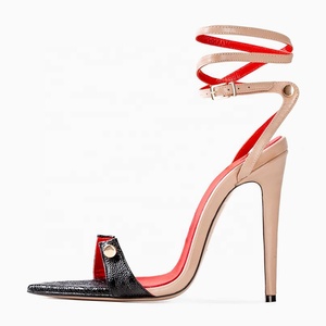 Sandales d'été à talons hauts pour femmes, patchwork de couleurs, ornements métalliques, talons fins, escarpins à brides cheville - Product Image 1