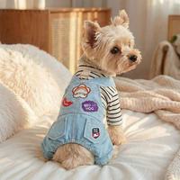 Salopette en polyester rayée pour chien et chat, style décontracté, avec bretelles en jean et patchs arc-en-ciel, collection printemps-été, vente en gros