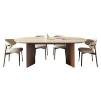 Ensemble de table à manger moderne en noyer avec plateau en travertin, pieds en bois massif, ovale, 8 chaises pour restaurant, maison, dîner