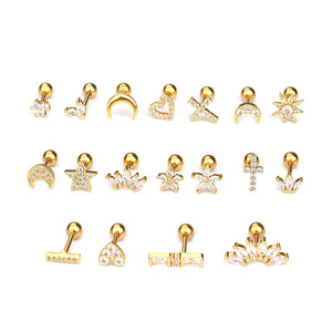 YW Venta al por Mayor, Pendientes de Cartílago de Acero Inoxidable con Baño de Oro de 14K y Zirconia, Diseño de Estrella Plana, para Tragus y Hélix, Regalo para Niños - Product Image 1