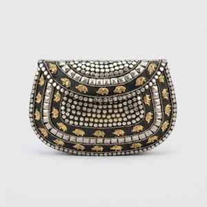 Women's Vintage Gold Metal Shell Clutch <b>Handbag</b> with Bead Dot Pattern Bohemian Style Half Moon Shape Chain Strap Large Capacity - Product Image 1