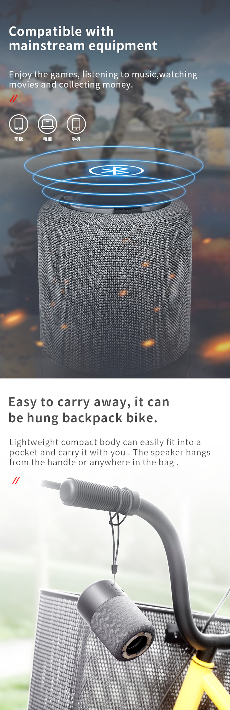 2 In 1 TWS Wireless Bluetooth Speaker 3D Bass Sound Portable Mini Waterproof