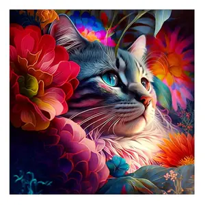 HUACAN Lukisan Berlian 5D Gambar Kit Lengkap Bordir Hewan Mosaik Kucing Dekorasi Rumah Berlian Imitasi