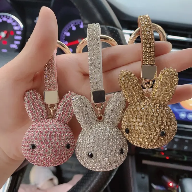 Porte-clés en strass animal, accessoires de mode mignon sac de tête pendentif cristal lapin 3D porte-clés