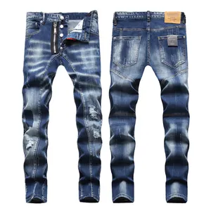 AeeDenim Custom Logo Worn ripped jeans men's slim feet European and American Korean version trendy men's high-end denim jeans