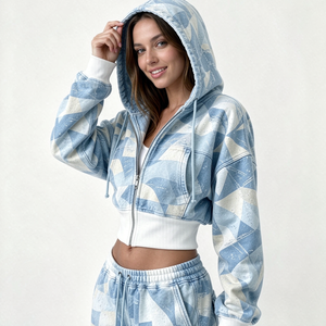 Women's Geometric Print <b>Zip</b> <b>Up</b> <b>Cropped</b> <b>Hoodie</b>, Blue Beige Matching Loungewear Bundle, Casual Sweatsuit Leisure Wear - Product Image 3