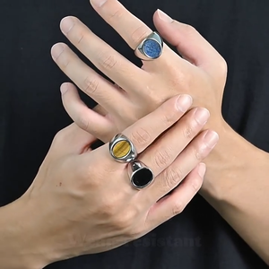 Anillo Grueso de Diseño Punk Simple, Acero Inoxidable de Alta Calidad, Chapado en Oro, Piedra Natural Lapislázuli, Forma Ovalada Negra, para Hombre - Product Image 3