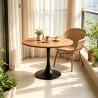 Table basse ronde Mid-Century Tulip, plateau en placage de bois, base en métal noir pour salon et café