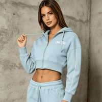 Survêtement ample brodé pour femme, sweat à capuche court zippé, pantalon de jogging à jambe large avec bande latérale contrastante, taille élastique à cordon de serrage, décontracté