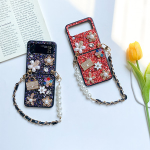 Flip pliable avec fleur paillettes INS Style paillettes strass <span class=keywords><strong>perle</strong></span> dragonne coque de téléphone pour Samsung zfold5 zflip4 zflip6 - Product Image 5