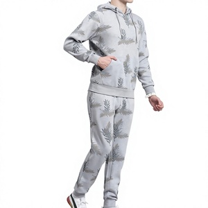 Ensemble de survêtement à capuche pour homme, gris, imprimé floral, en coton, manches longues, coupe décontractée ample avec poches latérales pour la saison d'automne - Product Image 3