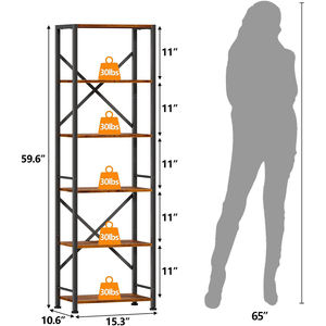 Libreria Alta e Stretta a 6 Ripiani in Legno e Metallo, Scaffale Organizzatore per Soggiorno, Ufficio, Ingresso, Cucina, Stile Rustico - Product Image 2