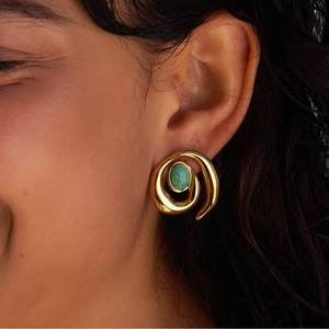 Geometric <b>Stud</b> <b>Earrings</b> With <b>Turquoise</b> Inlay Gold Tone Stainless Steel Party Jewelry - Product Image 2