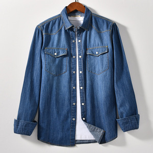 Abbigliamento da <span class=keywords><strong>uomo</strong></span> in cotone 100% all'ingrosso nuovo Design personalizzato con Logo da <span class=keywords><strong>uomo</strong></span> a <span class=keywords><strong>manica</strong></span> <span class=keywords><strong>lunga</strong></span> Plus Size camicia in Denim con tasche - Product Image 4