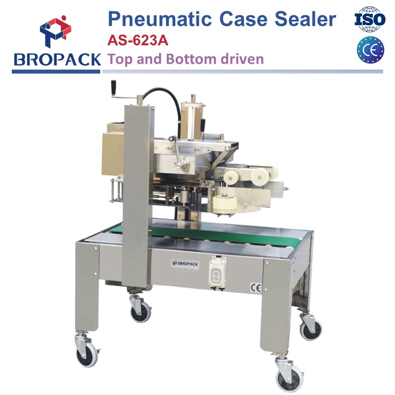 Bropack AS623A Pneumatic Automatic Size Adjusting Side Sealing  Case Sealer/Carton Sealer with Top and Bottom Driven Belt