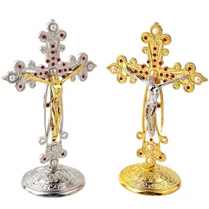 Best Selling Religious Crafts Gold Catholic Jesus Metal Standing Crucifix for Church & Home Decoration