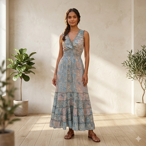 Free Size Y2K Simple <b>Boho</b> Indian Woven Silk A-Line Maxi Floral Print Korean <b>Summer</b> V-neck Sleeveless Elegant Simple Casual <b>Dress</b> - Product Image 1
