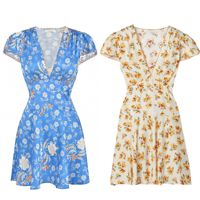 Robe Courte Vintage à Col en V Profond Imprimé Floral Manches Courtes Coupe Trapèze pour Femme – Idéale Plage, Quotidien, Fête, Occasion Spéciale