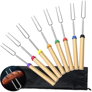 32 Inch Wooden Handle Telescoping Smores Fire Pit Marshmallow Roasting Sticks BBQ Forks