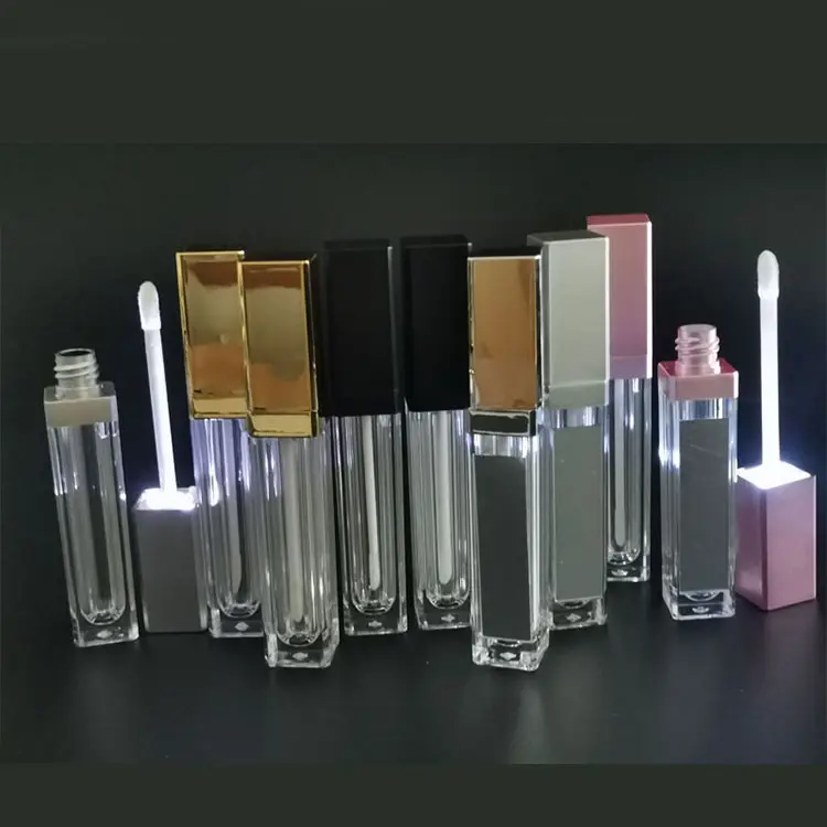 Toptan fabrika OEM 7ml özel etiket hiçbir logo küçük adedi gümüş siyah led ışık ruj lipgloss tüp ayna cam