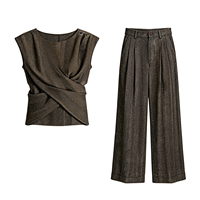 Ensemble élégant et sophistiqué de style vintage, veste amincissante à découpe croisée et pantalon large, tenue d'été respirante haut de gamme pour femmes, deux pièces