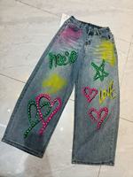 Pantalon long en jean pour femmes grande taille avec strass 2026 OC709