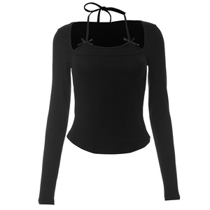 Camiseta de Moda para Mujer, de Manga Larga, con Lazo en el Cuello y Color Sólido - Product Image 5