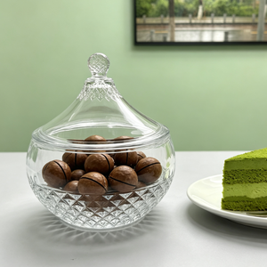 Großhandel Neues Design Modische Glas-Bonboniere mit <span class=keywords><strong>Deckel</strong></span> Gravierte Keks- und Obstschale in 3 Größen Lebensmittel-Aufbewahrungsbehälter-L - Product Image 3