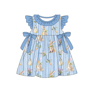 Vestido de Verano para Niña GSD3536, Diseño Personalizado, Rayas Azules, Conejo de Pascua, Manga Voladora, Vestido al por Mayor - Product Image 1