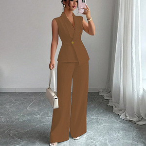 Ensemble tailleur femme couleur unie avec gilet et pantalon large SMLXL – Collection Automne 2025 – Tenue décontractée Europe, Amérique, Asie du Sud-Est - Product Image 3