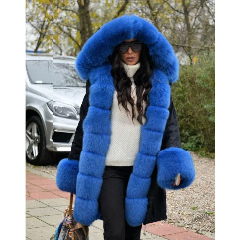 高級女性ウサギの毛皮冬の厚い暖かい毛皮のオーバーコート高級本物のフォックスファーパーカアウター