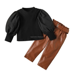 Top con maniche a lanterna High street e <span class=keywords><strong>pantaloni</strong></span> <span class=keywords><strong>in</strong></span> <span class=keywords><strong>pelle</strong></span> PU set di abbigliamento per ragazze junior <span class=keywords><strong>in</strong></span> due pezzi - Product Image 2