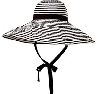 Chapeau de soleil à larges bords rayé à la française pour femme avec sangle de menton, chapeau de plage souple et pliable, casquette de vacances