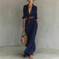 Robe longue décontractée vintage pour femme à manches longues, col boutonné, ceinture à la taille naturelle, froncée, coupe irrégulière, style automne, luxe discret