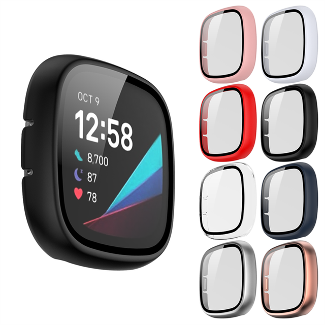 Ultra-Thin Hard PC Case with 3D Radian Tempered Glass Screen Protector for Fitbit Versa 3 Sense Smart Overall Protective Cover