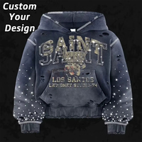 Sudadera con Capucha Corta para Hombre, Estilo Y2K, con Estampado Digital Personalizado de Alta Gama, con Pedrería y Efecto Desgastado, Hombros Caídos, Diseño OEM