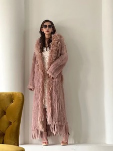 YRFUR YR023 diseño de moda tejido a mano piel de conejo auténtica con piel de perro mapache recorte X-Long Coat - Product Image 5