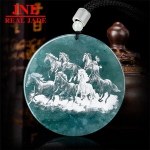 Colgante de Jade Natural Tipo A, Grabado con Sombra de Agua Azul, Paisaje de Dos Caballos, Jade de Hielo, Zodiaco Chino, para Hombre y Mujer - Product Image 1