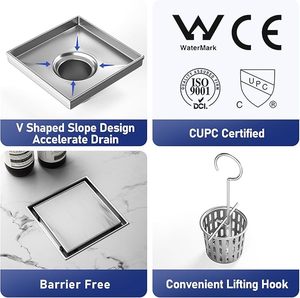 Grille de vidange de <span class=keywords><strong>douche</strong></span> carrée moderne 6 pouces en acier inoxydable 304 brossé <span class=keywords><strong>pour</strong></span> carrelage, avec filtre à cheveux et égouttoir, 2-en-1, garantie 1 an - Product Image 2