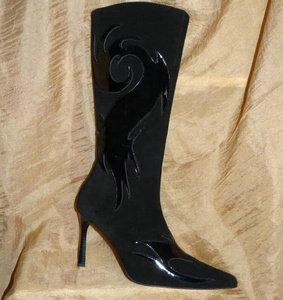 European Styles Suede Upper Women Pointy Toe Knee High Boots Leather Embossed Patchwork Stiletto High Thin Heels <b>Shoes</b> - Product Image 3