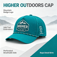 Casquette de baseball Performance pour l'extérieur, imperméable, séchage rapide, avec panneau latéral perforé, patch en caoutchouc montagne et accent en corde, idéale pour le golf