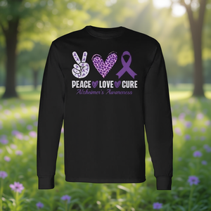T-shirt a maniche lunghe con nastro viola per la consapevolezza sulle malattie da Alzheimer, Peace Love Cure - Product Image 3
